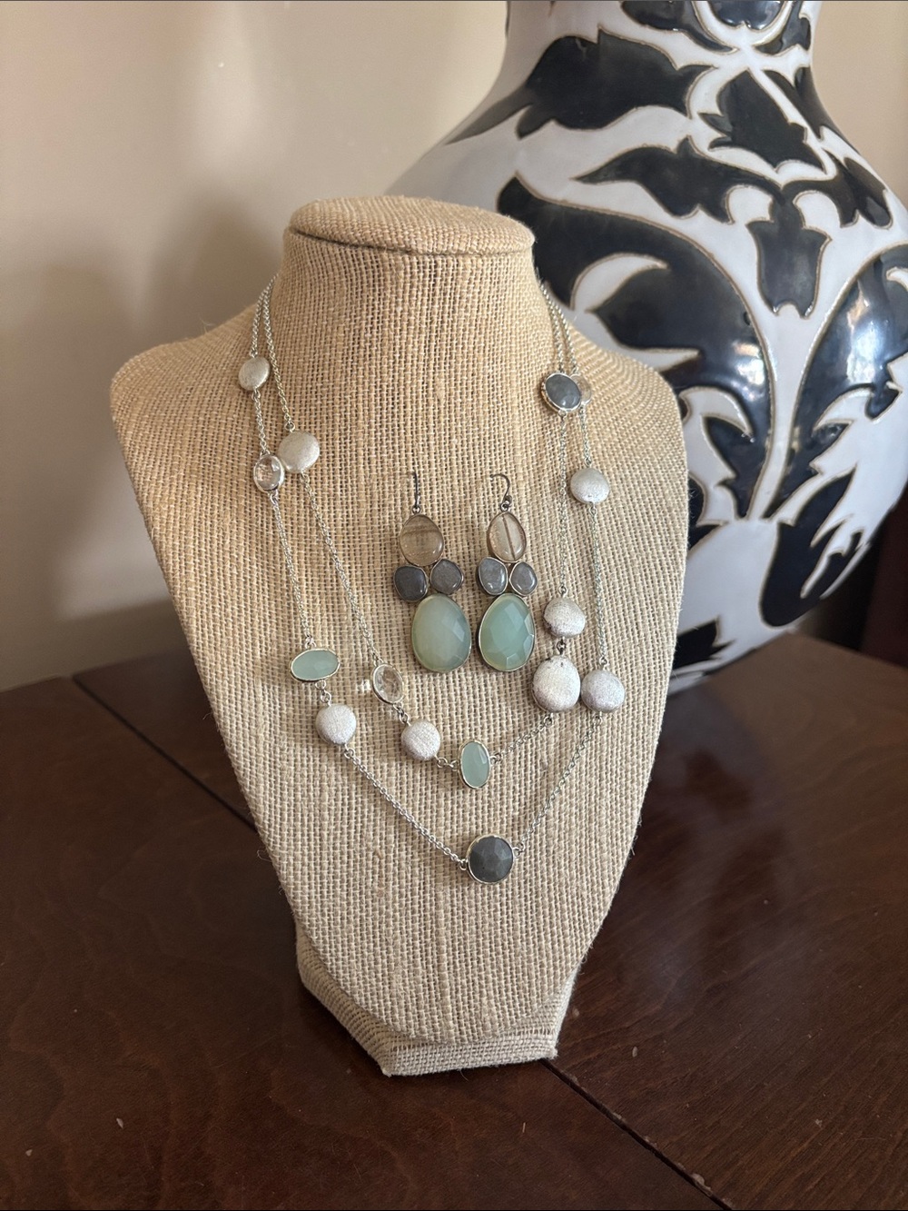 Stella & Dot Silver Necklace and Drop Earrings Set in Pale Green, Gray and White